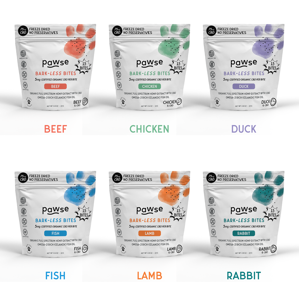Trial size. Six packages protein bites. 5 mg CBD per bite. For all pets